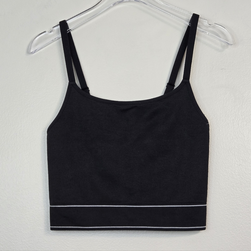 Aerie Black Ribbed Long Sports Bra W/ White Trim, Size XXS ~ NWT